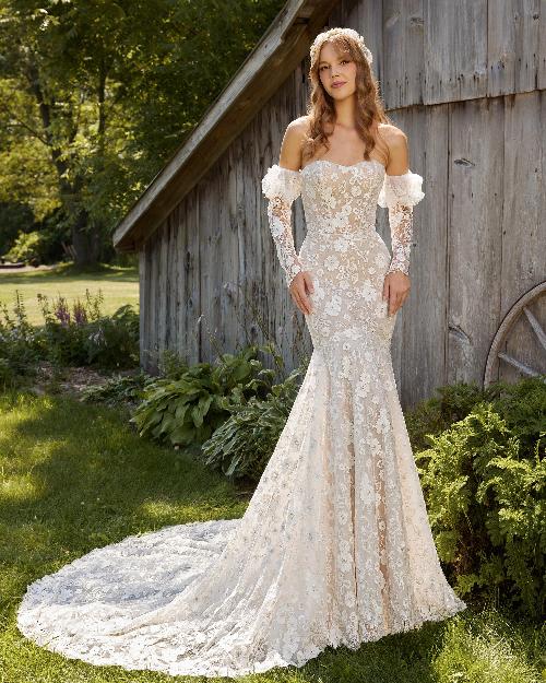Lp2205 strapless or long sleeve boho wedding dress with lace1